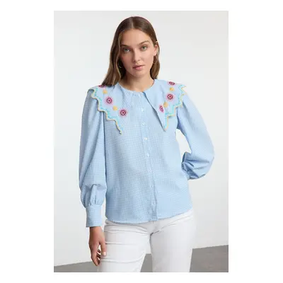 Trendyol Blue Embroidery Detailed Balloon Sleeve Woven Shirt