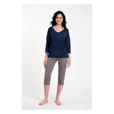 Women's pyjamas Milda, 3/4 sleeve, 3/4 leg - navy blue/print