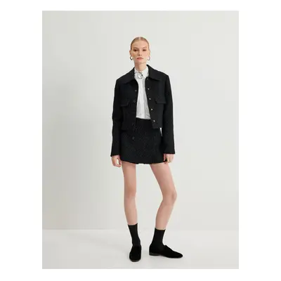 Koton Crop Tweed Jacket Shirt Collar Flap Pocket Detail