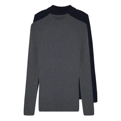 Trendyol Navy Blue-Anthracite Slim Fit Cotton Half Elastic Knit 2-Pack Knitwear Sweater