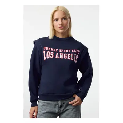 Trendyol Navy Blue Slogan Printed Oversize/Wide Pattern Thick Polar Fleece Knitted Sweatshirt