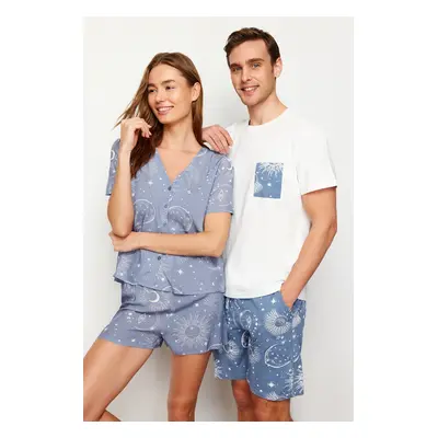 Trendyol Ecru Blue Printed Regular Fit Couple/Double Knitted Shorts Pajama Set