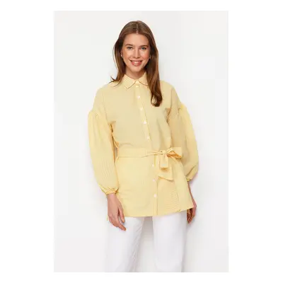 Trendyol Yellow Striped Belted Balloon Back Sleeve Long Woven Shirt