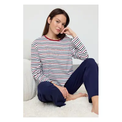 Trendyol Multicolor 100% Cotton Striped Slogan Printed T-shirt-Pants Knitted Pajama Set