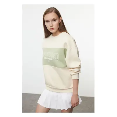 Trendyol Light Stone Color Blocked Slogan Printed Oversize Fit Thick Inside Fleece Knitted Sweat