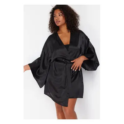 Trendyol Curve Black Wide Sleeve Satin Woven Dressing Gown