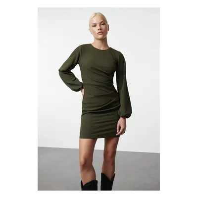 Trendyol Khaki Fitted/Fits the Body Drape Detail Balloon Sleeve Mini Woven Dress