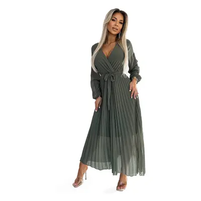 Numoco pleated chiffon dress with neckline, long sleeves and belt