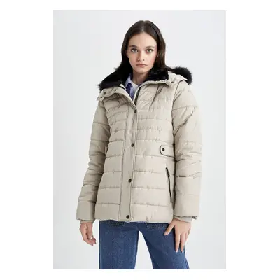 DEFACTO Water Repellent Detachable Faux Für Hooded Quilted Coat