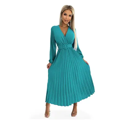 Pleated midi dress with a neckline, long sleeves and a wide belt Numoco