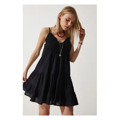 Happiness İstanbul Women's Black Strap Laced Summer Mini Flared Dress