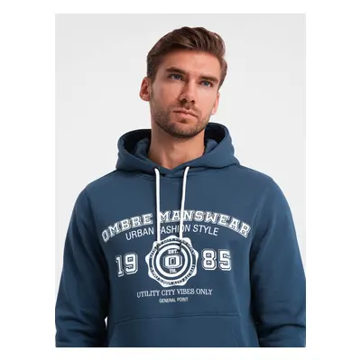 Ombre Men's kangaroo hoodie with college style print - navy blue