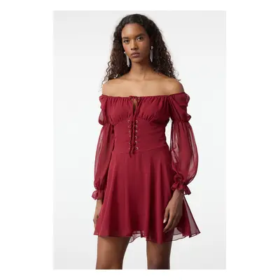 Trendyol Burgundy A-Line Carmen Collar Chiffon Woven Chic Mini Evening Dress