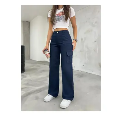 12128 Dewberry High Waist Wide Leg Cargo Pocket Trousers-NAVY BLUE