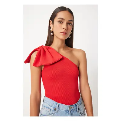 Happiness İstanbul Women's Red Bow One Shoulder Knitted Blouse