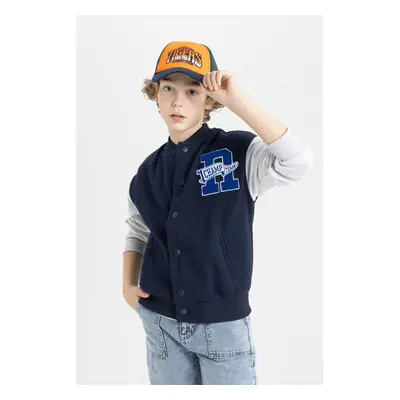 DEFACTO Boys College Collar Printed Snap Closure Double Pocket Seasonal Bomber Cardigan