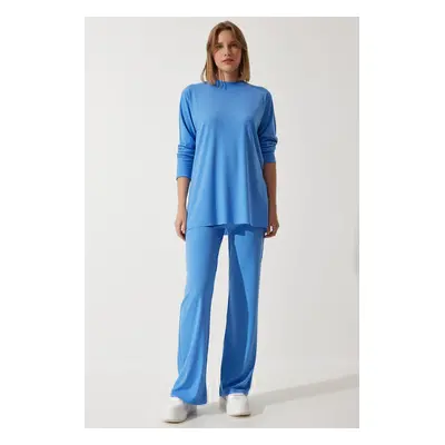 Happiness İstanbul Women's Sky Blue Corded Knitted Blouse and Trousers Set