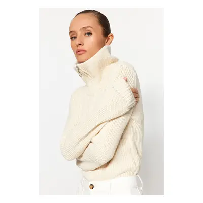 Trendyol Stone High Collar Zippered Snap-Up Knitwear Body