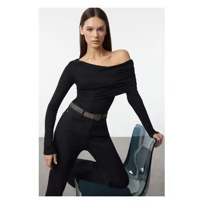 Trendyol Black Asymmetric Collar Fitted/Fits Body Flexible Knitted Blouse