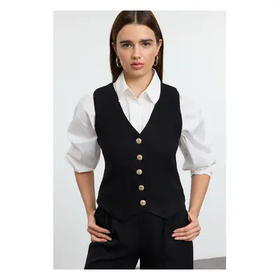 Trendyol Black Regular Gold Button Detailed Tweed Vest