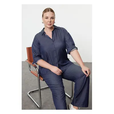 Trendyol Curve Navy Blue Flexible Waist Woven Plus Size Shirt-Pants Bottom-Top Set