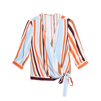 Orsay Blue-Orange Striped Wrap Blouse with Three-Quarter Sleeve - Women