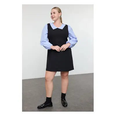 Trendyol Curve Black-Blue Striped Shirt Collar Tweed Woven Plus Size Dress