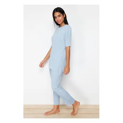 Trendyol Blue Ribbed Slit Detailed Knitted Pajama Set