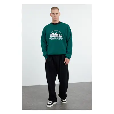 Trendyol Emerald Green Oversize/Wide Cut Embroidered Fleece/Warm Sweatshirt