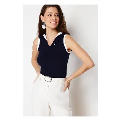 Trendyol Navy Blue Marine Collar Premium/ Special Thread Knitwear Blouse