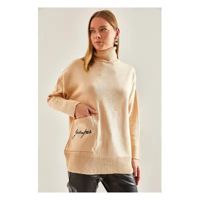 Bianco Lucci Women's Turtleneck Pocket Embroidery Embroidered Knitwear Sweater