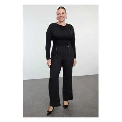 Trendyol Curve Black High Waist Ornamental Zipper Woven Plus Size Flare Trousers