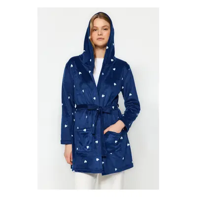 Trendyol Navy Blue Belted Heart Pocket and Hood Detail Polar Winter Knitting Dressing gown