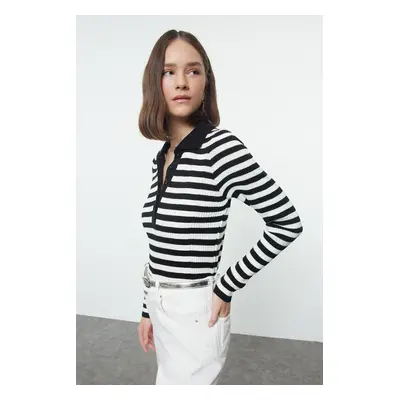 Trendyol Black Polo Neck Basic Striped Knitwear Sweater