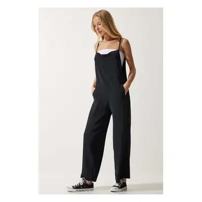 Happiness İstanbul Women's Black Strap Loose Knitted Overalls