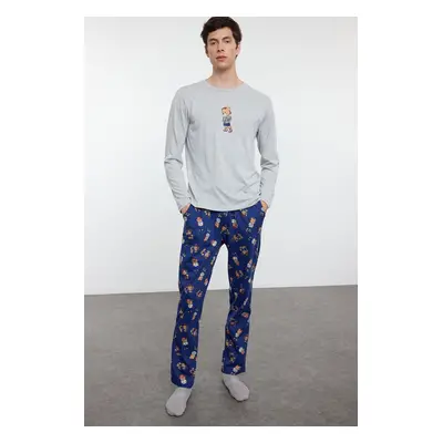 Trendyol Men's Greymelanj - Navy Blue Teddy Bear Patterned Couple/Double Knitted Pajama Set