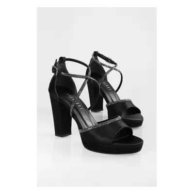 Shoeberry Women's Jayne Black Satin Stone Platform Heel Shoes