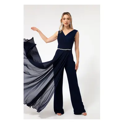 Lafaba Women's Navy Blue Stone Chiffon Evening Dress Jumpsuit