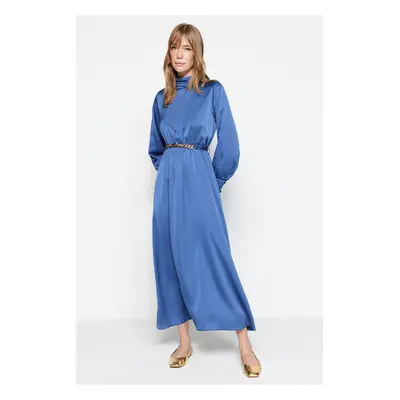 Trendyol Dark Blue Collar and Cuff Draped Detail Belted Woven Evening Dress