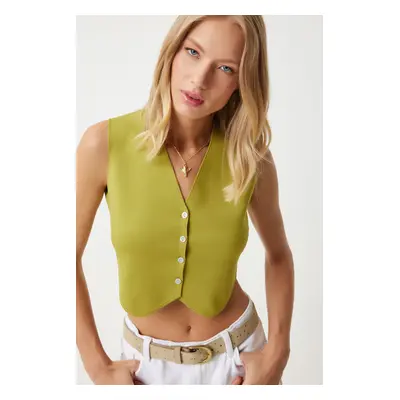 Happiness İstanbul Women's Oil Green V-Neck Buttoned Summer Knitwear Vest