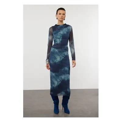 Trendyol Blue Abstract Bodycone Gather/Drape Maxi Knit Dress