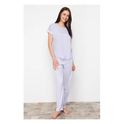 Trendyol Lilac Motto Printed Knitted Pajamas Set