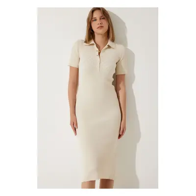 Happiness İstanbul Women's Cream Polo Neck Knit Dress