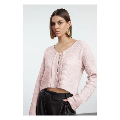 Trendyol Pink Soft Textured Tie Detailed Knitwear Cardigan