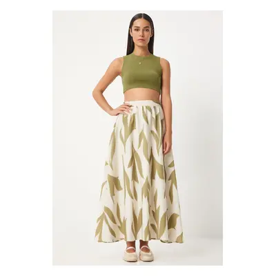 Happiness İstanbul Women's Cream Oil Green Patterned Maxi Skirt