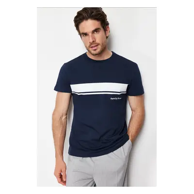 Trendyol Navy Regular/Real Fit Crew Neck Striped Printed 100% Cotton T-shirt