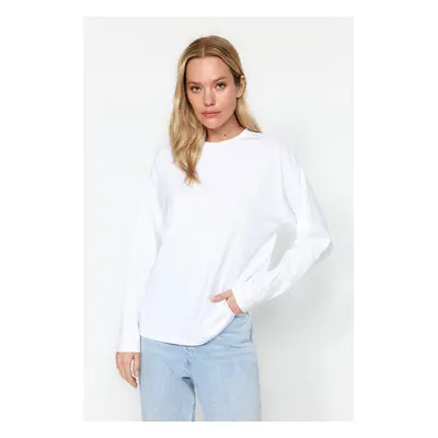 Trendyol White 100% Cotton Basic Crew Neck Long Sleeve Regular Fit Knitted T-Shirt