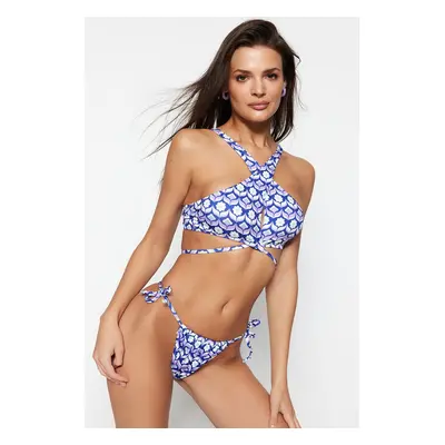 Trendyol Floral mintás nyakkendős magas szárú bikini alsó