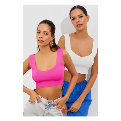 Cool & Sexy Women's Fuchsia-White Double Breasted Knitwear Crop Singlet YV134