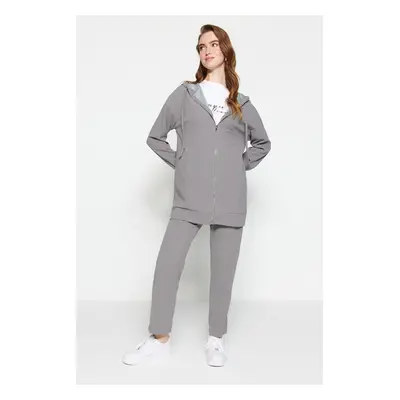 Trendyol Gray Oversize Zippered Hooded Cardigan Knitted Tracksuit